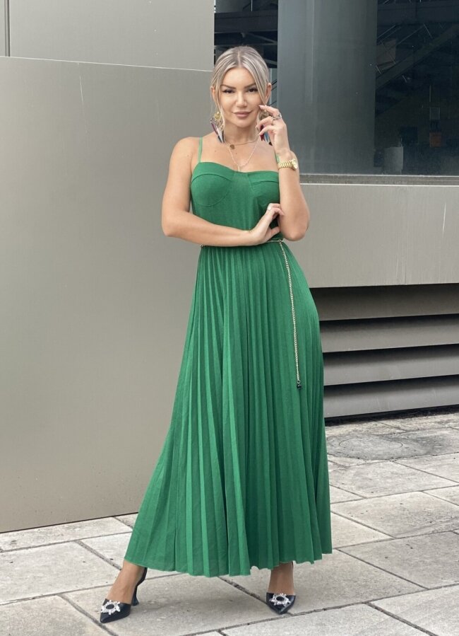 Maxi πλισέ φόρεμα τιράντα lurex - Πράσινο