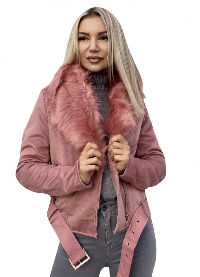 αλκαντάρα jacket με γούνα στο γιακά - Ροζ