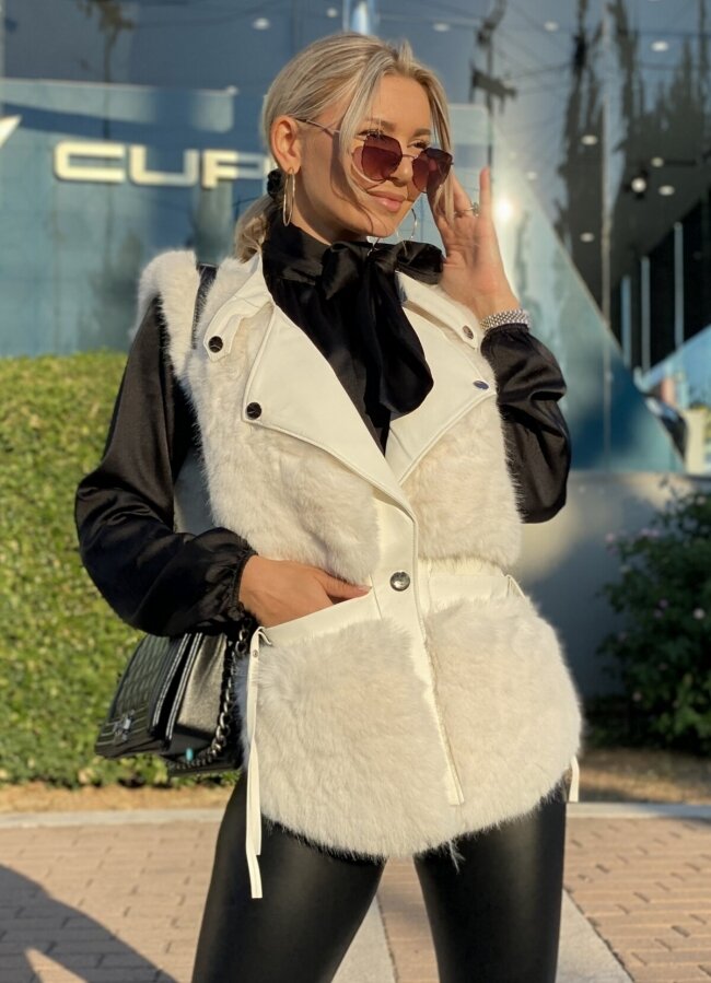 αμάνικο μεσάτο δερματίνη jacket με πλούσια γούνα - Λευκό