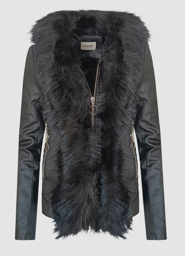 δερματίνη jacket με γούνα περιμετρικά &amp; γούνα φλις εσωτερικά F/W 2022/23 - Μαύρο - teleiarouxa