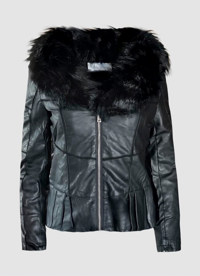 δερματίνη jacket με γούνα στο γιακά &amp; εσωτερικά F/W 2022/23 - Μαύρο - teleiarouxa