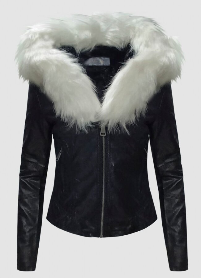 δερματίνη μεσάτο jacket με γούνα στην κουκούλα &amp; φλις εσωτερικά F/W 2022/23 - Ασπρόμαυρο - teleiarouxa