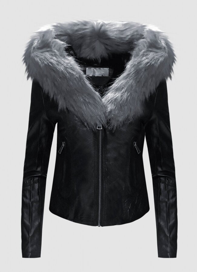 δερματίνη μεσάτο jacket με γούνα στην κουκούλα &amp; φλις εσωτερικά F/W 2022/23 - Δίχρωμο