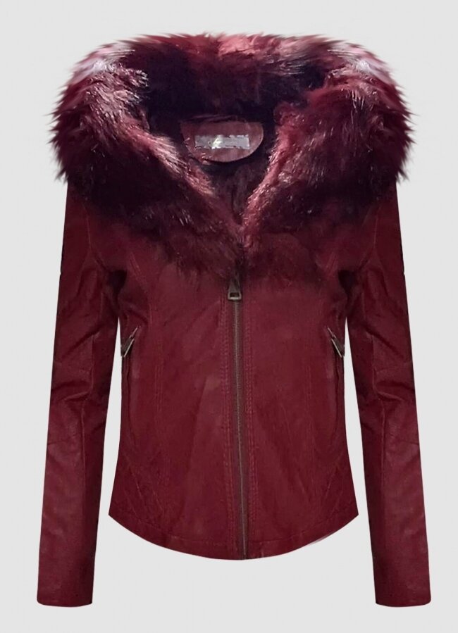 δερματίνη μεσάτο jacket με γούνα στην κουκούλα &amp; φλις εσωτερικά F/W 2022/23 - Μπορντό - teleiarouxa
