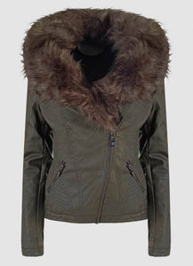 δερματίνη μεσάτο jacket με γούνα στο γιακά και φλις εσωτερικά - Χακί - teleiarouxa
