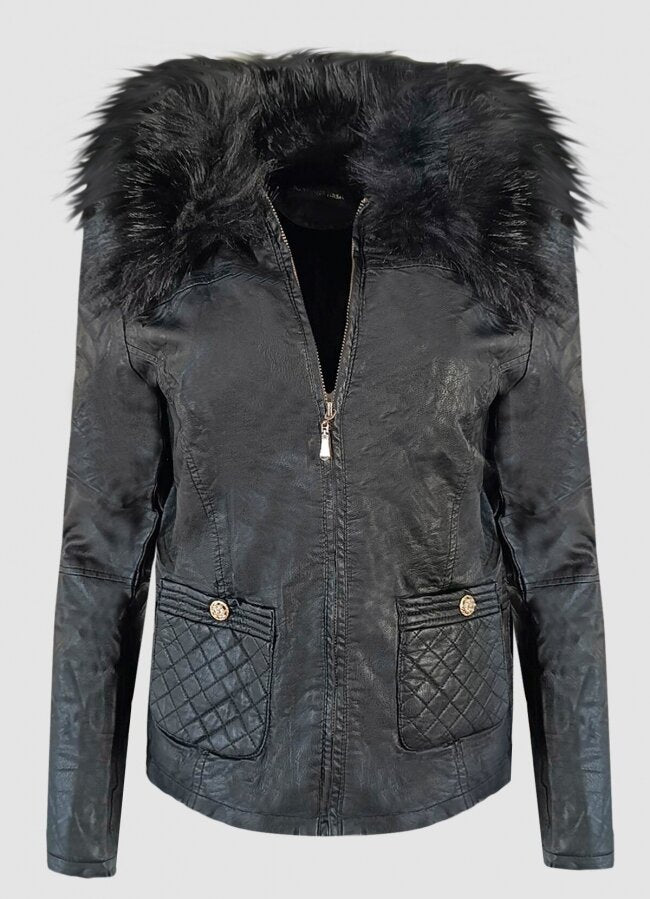 δερματίνη μεσάτο jacket με γούνα στο γιακά και φλις εσωτερικά - Μαύρο