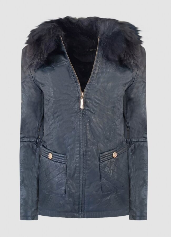 δερματίνη μεσάτο jacket με γούνα στο γιακά και φλις εσωτερικά - Μπλε - teleiarouxa