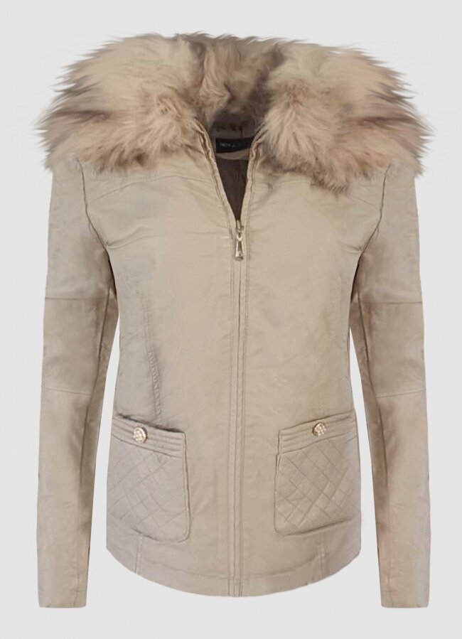 δερματίνη μεσάτο jacket με γούνα στο γιακά και φλις εσωτερικά - Μπεζ - teleiarouxa