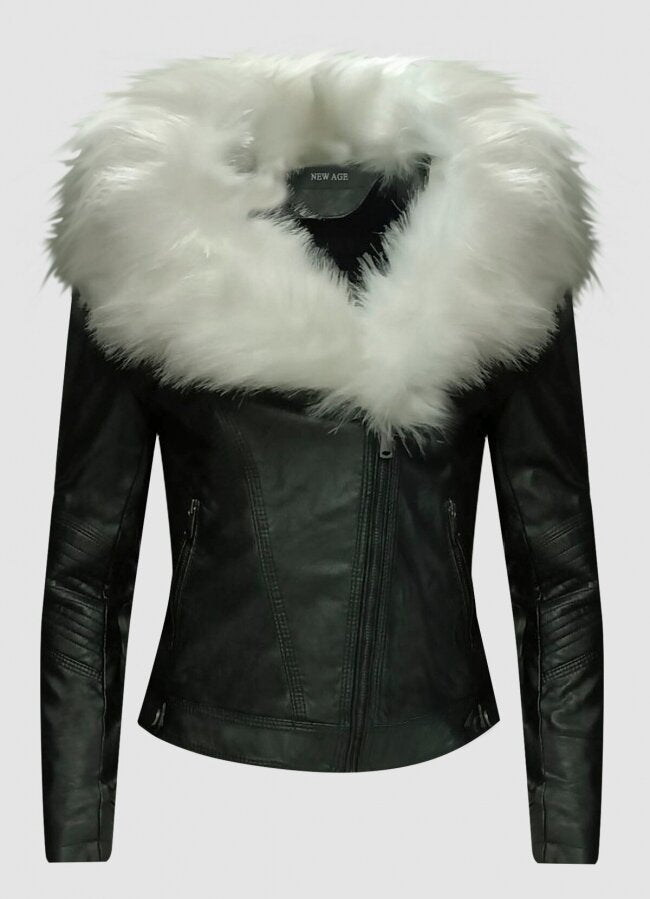 δερματίνη μεσάτο jacket με μαύρη γούνα στο γιακά και φλις εσωτερικά - Δίχρωμο - teleiarouxa