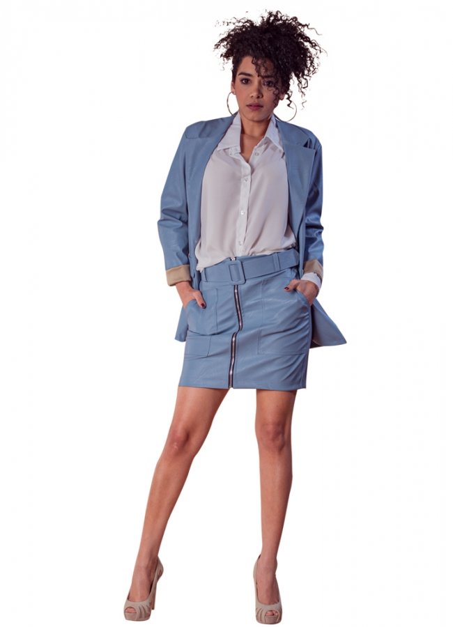 δερματίνη μίνι φούστα με ζώνη - Γαλάζιο