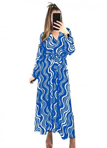 δίχρωμο maxi αέρινο φόρεμα με λάστιχο στη μέση - Μπλε