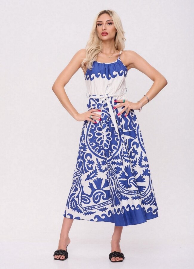 δίχρωμο maxi φόρεμα τιράντα με ζώνη - Μπλε