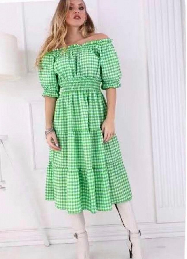 καρό έξωμο φόρεμα με λάστιχο σφηκοφωλιά στη μέση - Πράσινο