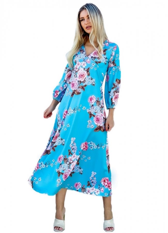 Floral μάξι φόρεμα με 3/4 μανίκι - Μπλε