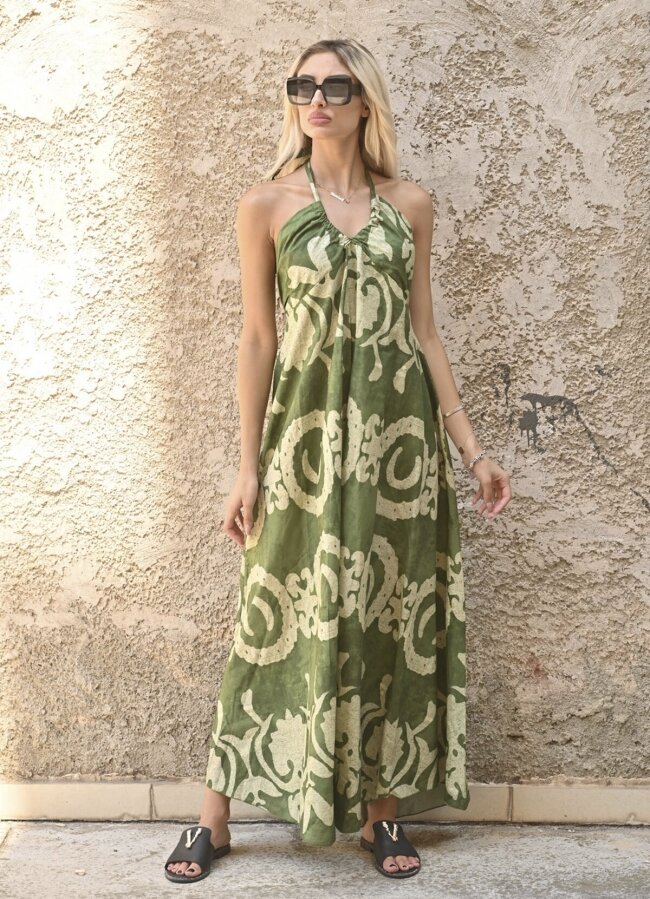 Floral maxi αέρινο φόρεμα εξώπλατο - Χακί