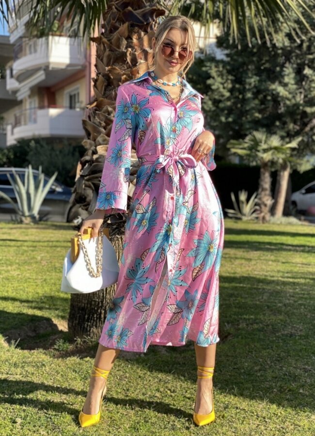 Floral maxi φόρεμα αέρινο όλο κουμπιά - Ροζ