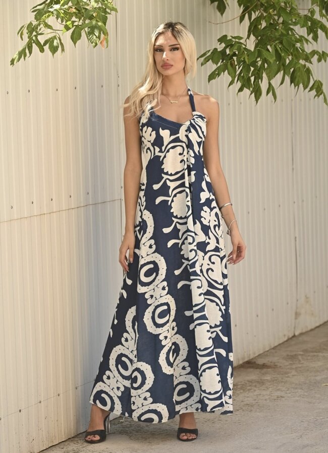 Floral maxi φόρεμα αέρινο που δένει στο λαιμό - Μπλε
