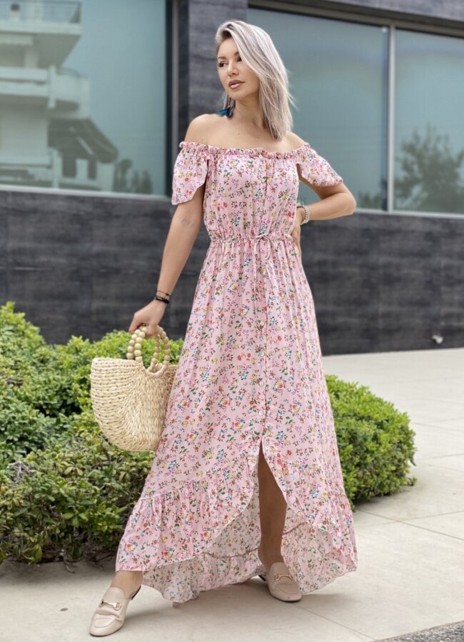 Floral maxi φόρεμα ασύμμετρο έξωμο - Ροζ
