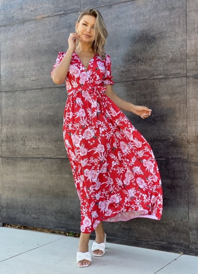 Floral maxi φόρεμα κρουαζέ με ζωνάκι - Κόκκινο