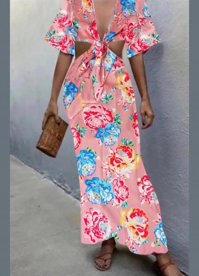 Floral maxi φόρεμα με ανοίγματα στη μέση - Ροζ