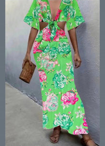Floral maxi φόρεμα με ανοίγματα στη μέση - Πράσινο