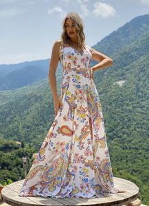 Floral maxi φόρεμα με δετές τιράντες - Λευκό