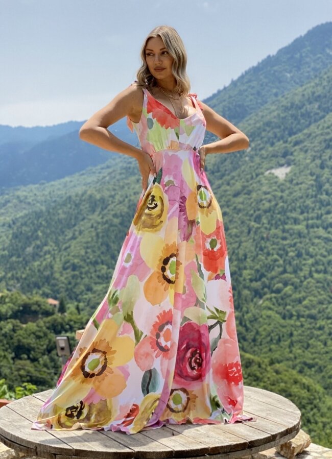 Floral maxi φόρεμα με δετές τιράντες - Ροζ