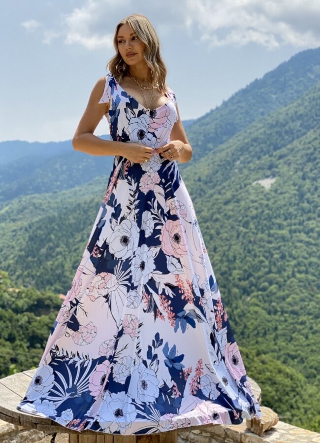 Floral maxi φόρεμα με δετές τιράντες - Μπλε