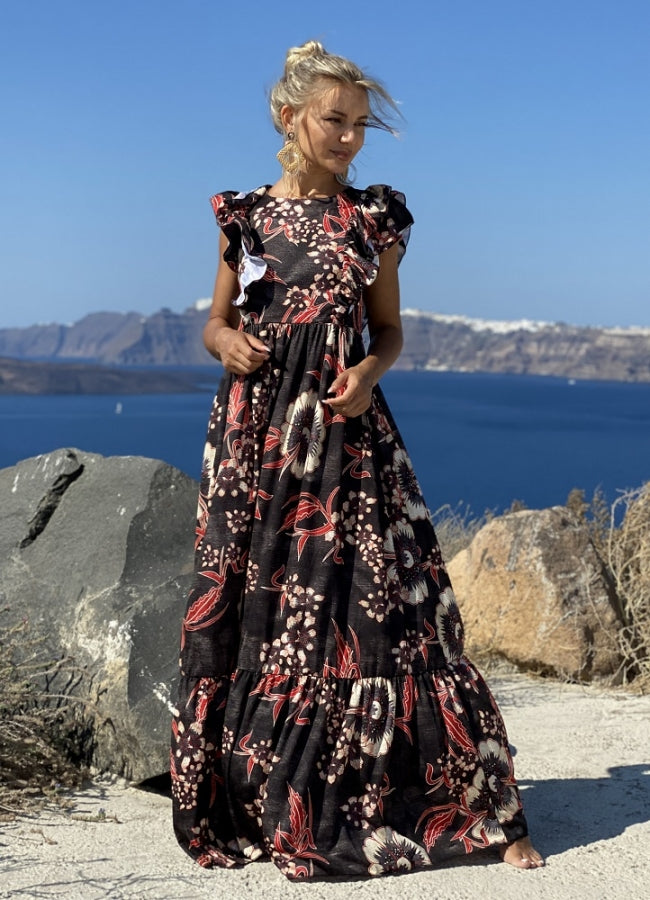Floral maxi φόρεμα με βολάν μανίκι - Μαύρο