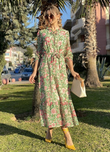 Floral maxi φόρεμα με ζωνάκι - Πράσινο