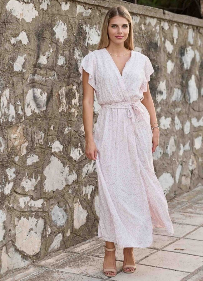 Floral maxi φόρεμα με ζώνη κρουαζέ - Ροζ