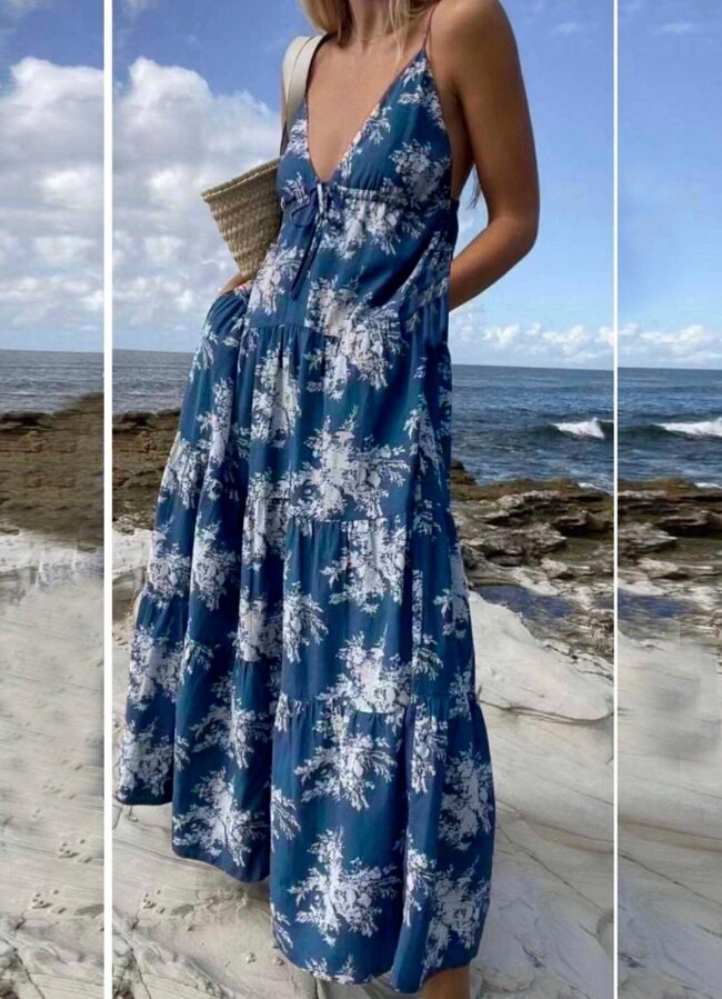 Floral maxi φόρεμα τιράντα - Μπλε