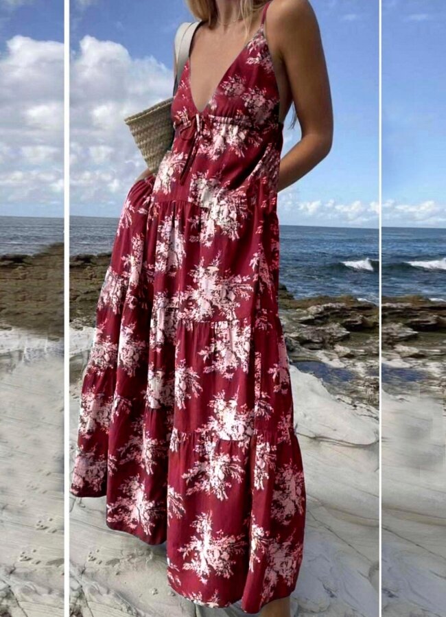 Floral maxi φόρεμα τιράντα - Μπορντό