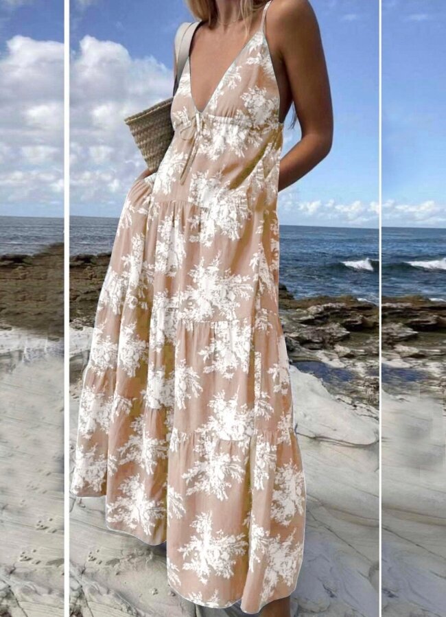 Floral maxi φόρεμα τιράντα - Μπεζ