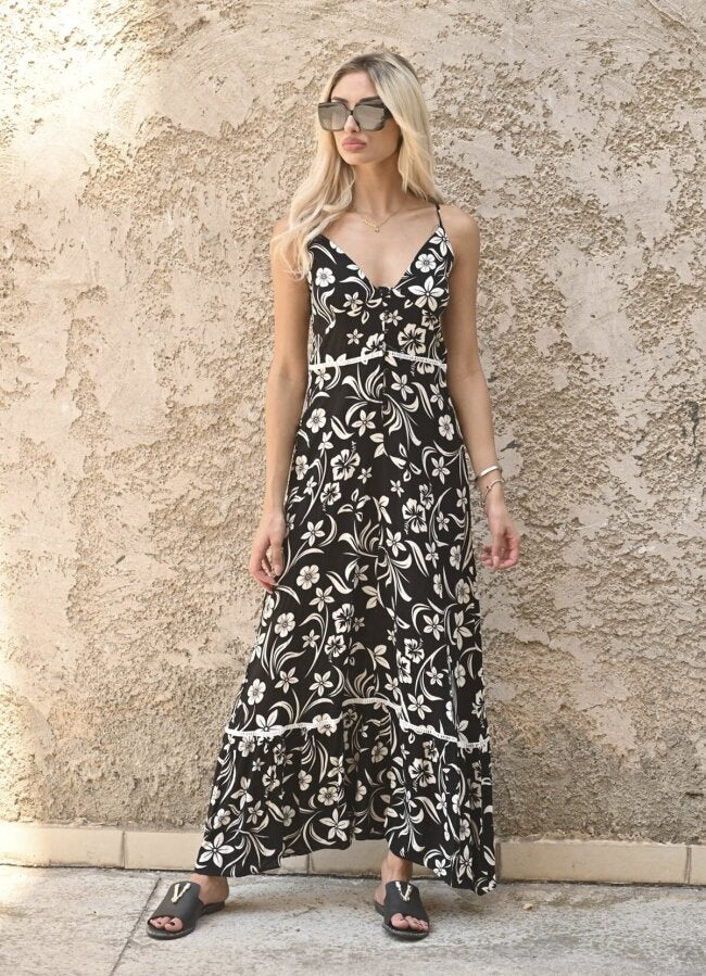 Floral maxi φόρεμα τιράντα - Μαύρο