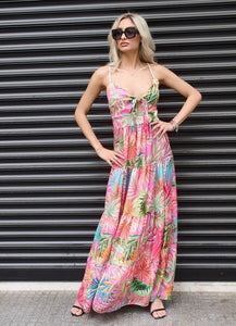 Floral maxi φόρεμα τιράντα δετό μπροστά - Φούξια
