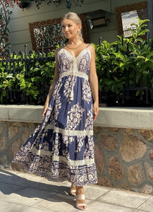 Floral maxi φόρεμα τιράντα με λεπτομέρειες δαντέλας - Μπλε σκούρο