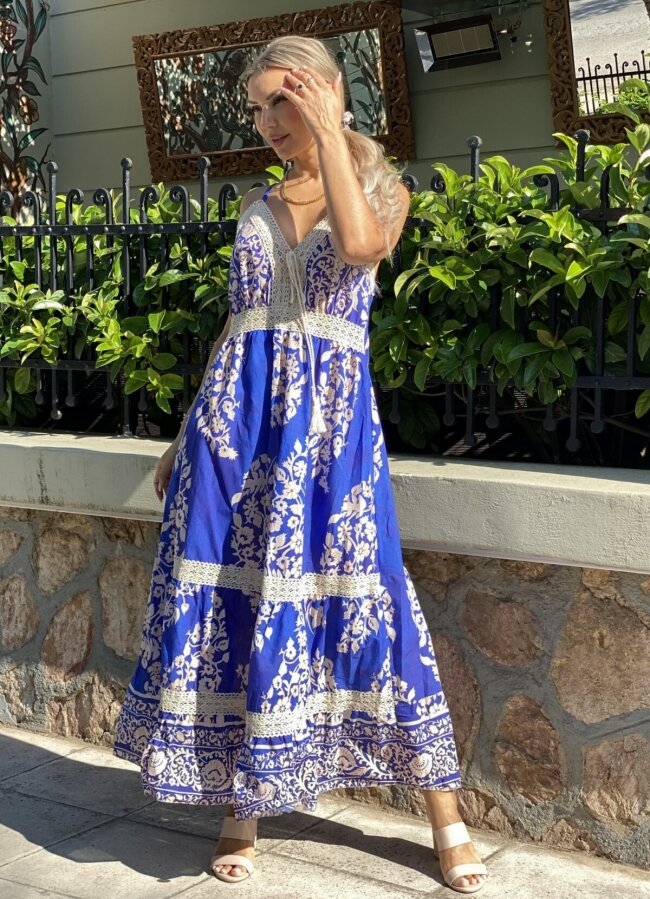 Floral maxi φόρεμα τιράντα με λεπτομέρειες δαντέλας - Μπλε