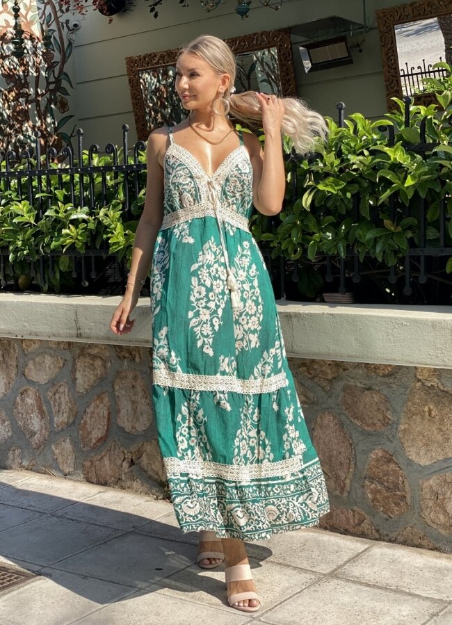 Floral maxi φόρεμα τιράντα με λεπτομέρειες δαντέλας - Πράσινο