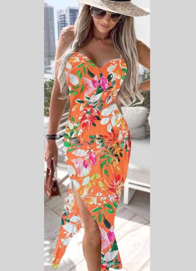 Floral maxi φόρεμα τιράντα με σκίσιμο - Πορτοκαλί