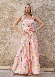 Floral maxi φόρεμα τιράντα με βολάν - Ροζ