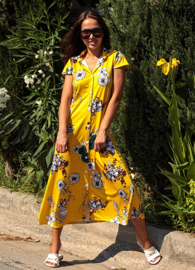 Floral maxi φόρεμα/πουκαμίσα - Κίτρινο