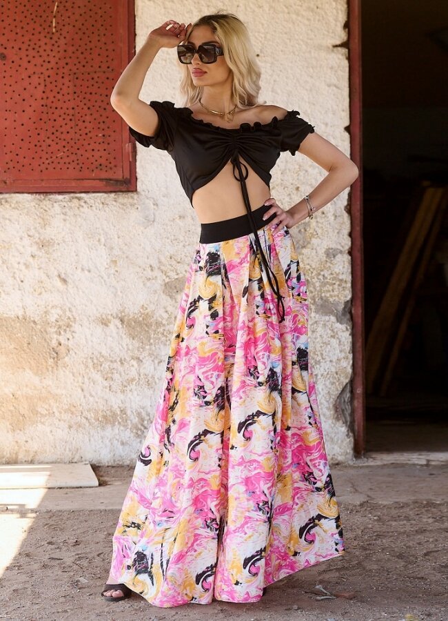 Floral maxi φούστα σατέν με λάστιχο στη μέση - Φούξια