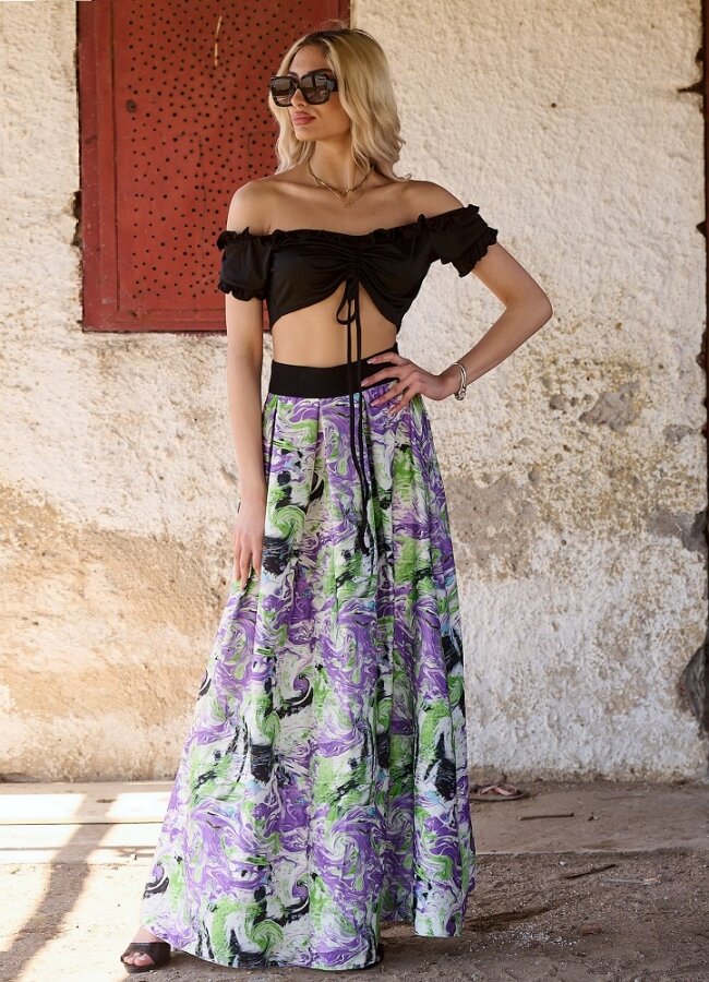 Floral maxi φούστα σατέν με λάστιχο στη μέση - Λιλά - teleiarouxa