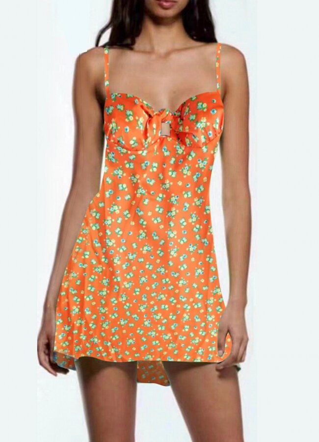 Floral mini φόρεμα τιράντα σατινέ - Πορτοκαλί