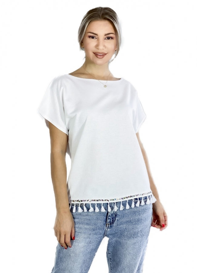φούτερ κοντομάνικη μπλούζα ασύμμετρη με φουντάκια - Λευκό