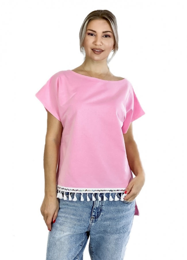 φούτερ κοντομάνικη μπλούζα ασύμμετρη με φουντάκια - Ροζ