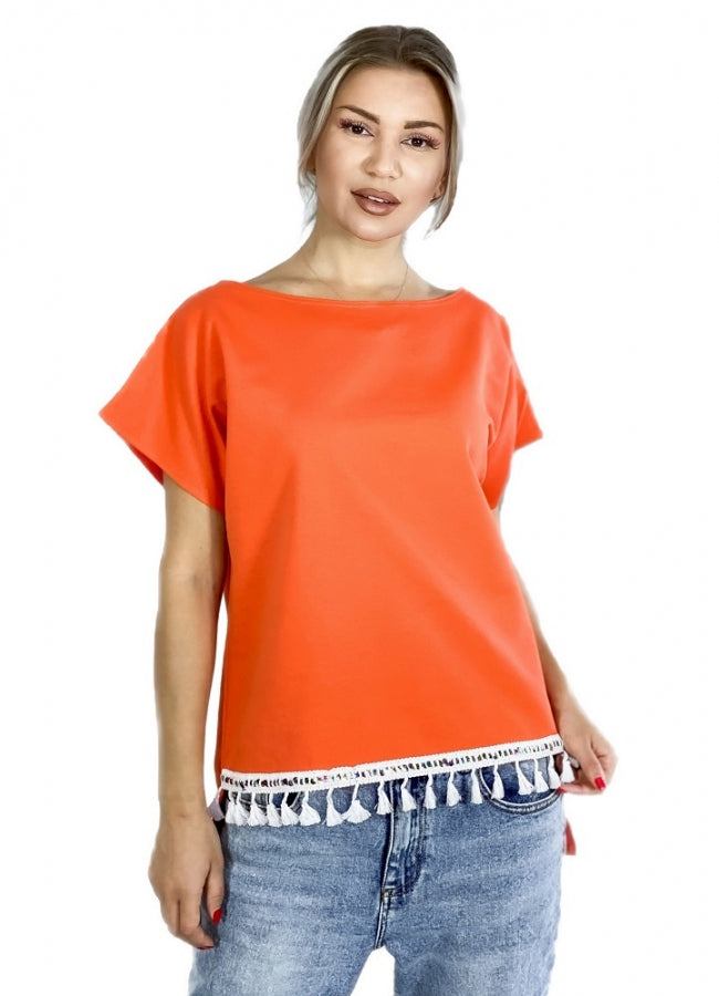 φούτερ κοντομάνικη μπλούζα ασύμμετρη με φουντάκια - Πορτοκαλί
