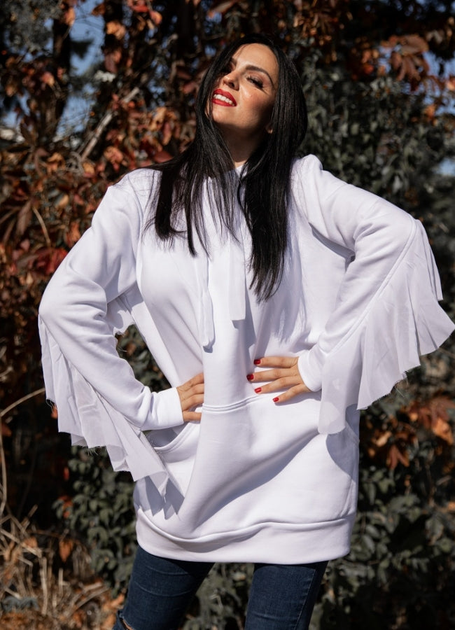 φούτερ μπλουζοφόρεμα με μουσελίνα - Λευκό
