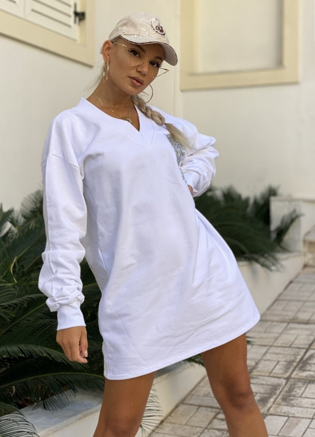 φούτερ μπλουζοφόρεμα με παγιέτα - Λευκό